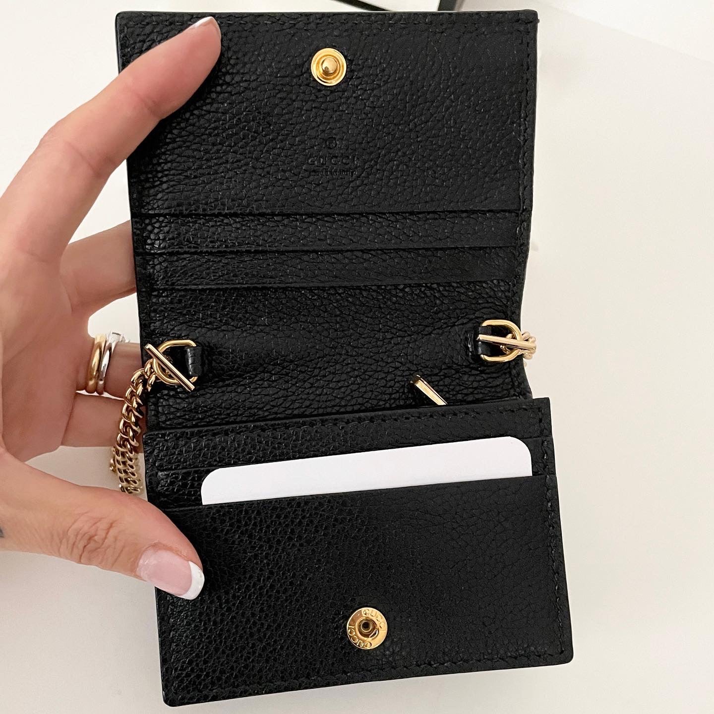 New Gucci Zumi Green Leather Gold Chain Bi-Fold Mini Wallet w/box 570660  3154